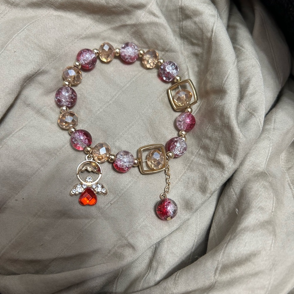 Gold-tone with Red and Clear Glass Beaded Bracelet with Angel Charm - Picture 1 of 4